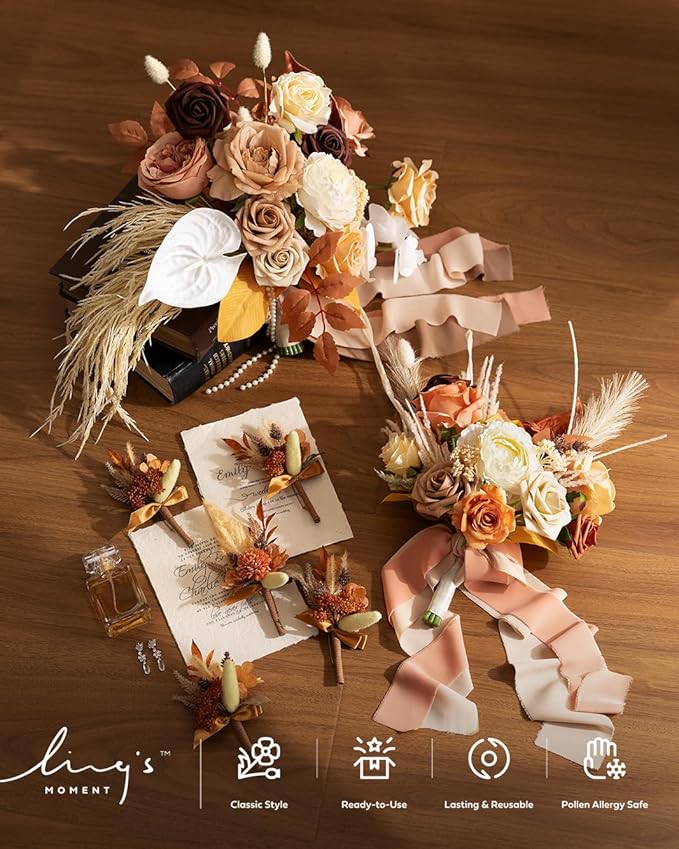 Ling's moment Artificial Flowers Fake Silk Roses Faux Foam Dahlia Combo for DIY Wedding Bouquets Centerpieces Arrangements Bridal Shower Party Home Decorations, Amber & French Orange, 24pcs