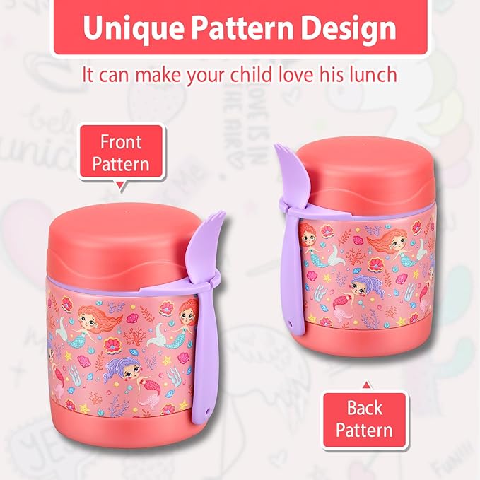 10oz Soup Thermo for Hot Food Kids,Lunch Thermo Kids Food Jar with Spoon Hot Insulated Food Containers,Leak Proof Stainless Steel Wide Mouth Lunch Food Thermo Jar for School(Pink-Mermaid)
