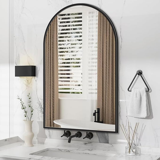 Antok Bathroom Mirror,36"x24" Wall Mirror, Decorative Mirrors Vanity Mirror Aluminum Alloy Frame Contemporary Hanging Mirror for Living Room Bathroom Entryway,Black,Arched