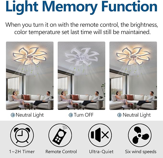 Modern Ceiling Fan with Lights Remote Control, 32" White 6 Speeds 3 Light Color Low Profile Flush Mount Ceiling Fan for Kitchen Bedroom