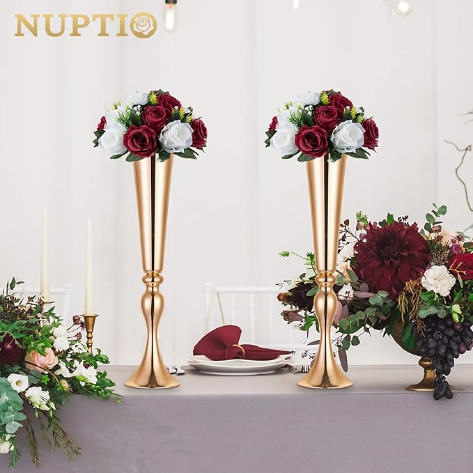 NUPTIO Flower Wedding Centrepieces for Tables - 2 Pcs 9.5in Diameter Burgundy & White Artificial Flowers Rose Ball for Centerpieces Table - Fake Rose Arrangements for Weddings Birthday Party Decor