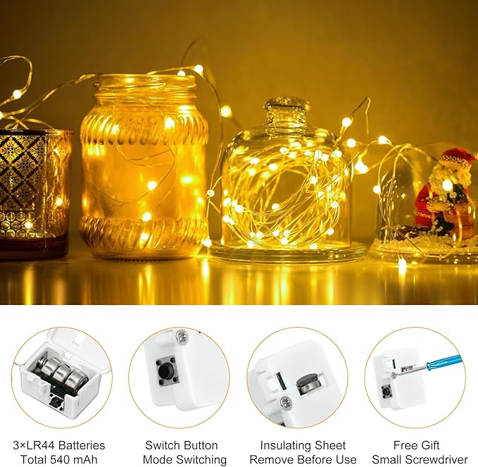 btfarm 30 Pack Fairy Lights Battery Operated [3 Modes], 7ft 20 Led Twinkle String Lights Waterproof Bulk Small Mini Sliver Wire for Christmas Mason Jars Wedding Table Centerpiece, Warm White/Colorful