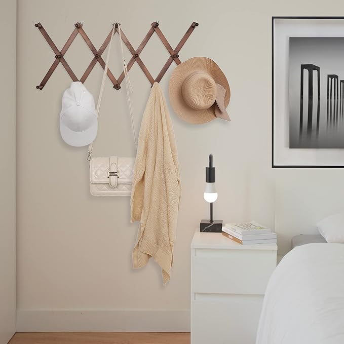 16 inch High Accordion Wall Hanger with 14 Hooks, Wooden Wall Expandable Coat Rack for Coat, Hats, Baseball Caps, Coffee Mug, Jewelry