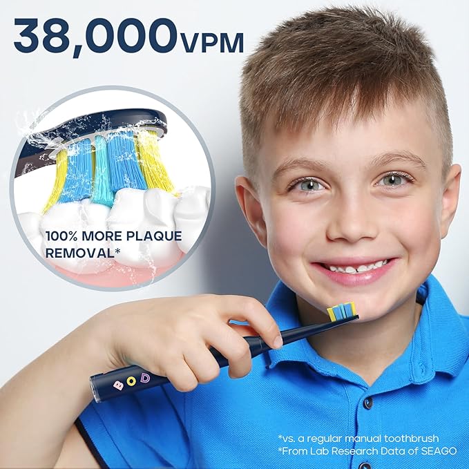 SEAGO Kids Electric Toothbrush, Rechargeable Sonic Soft Bristle Toothbrushes with 8 Brush Heads, DIY Stickers and 5 Modes, Ideal for Kids and Children, Ages 3–12，SG2303(Navy)