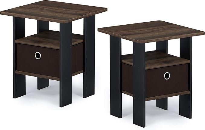 Furinno Andrey Side Table, Set of 2 End Table, Night Stand with Open Shelves and Storage Bin, Bedside Table, for Living Room, Bedroom, Amber Pine