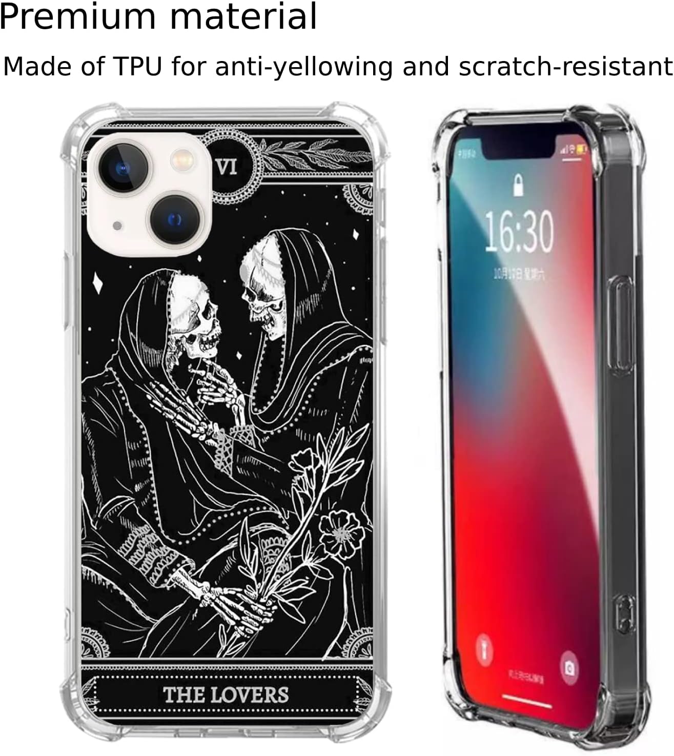 Lovers Tarot Card Skull Black Case for iPhone 15 - Trippy Psychedelic Skeleton Design, Unique TPU Bumper Cover.