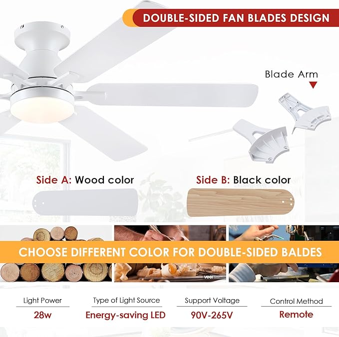 Ceiling Fans with Lights- 52" Low Profile Indoor Ceiling Fan with Light and Remote/APP Control, Flush Mount, 6 Blade, LED Dimmable DC Reversible Modern Ceiling Fan for Bedroom（White）