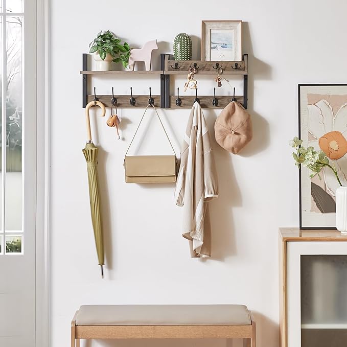 YMYNY 31.5" Coat Rack Wall Mount with Shelf, 4 in 1 Key and Coat Hanger with 12 Metal Hooks, Wall Shelf with Hooks & Mail Holder for Living Room, Bedroom, Silver Gray, HWS007Y-2