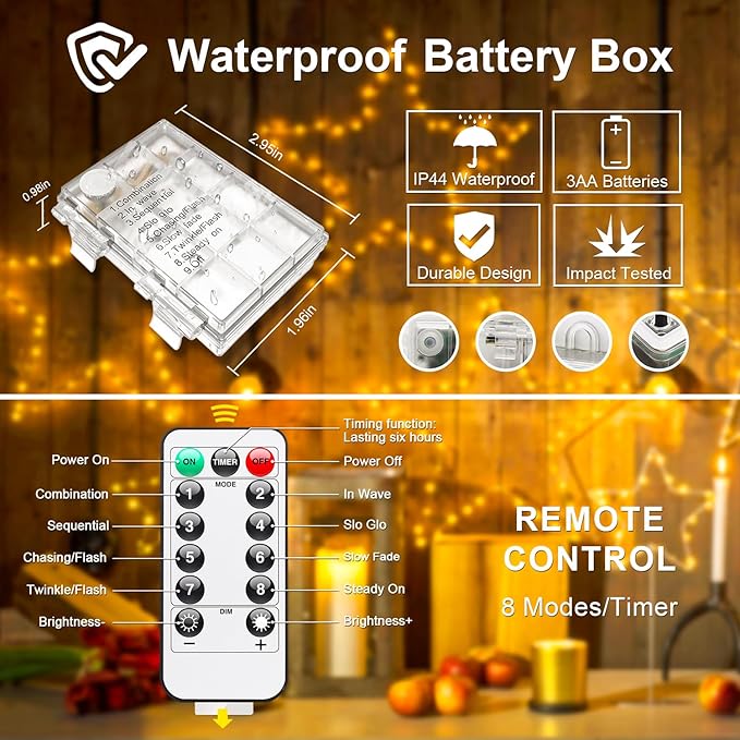 JMEXSUSS 2 Pack Fairy Lights Battery Operated with Remote, Total 200 LED 66ft Battery Powered Christmas Lights, 8 Modes Twinkle String Lights for Bedroom, Indoor Christmas Tree Decor, Warm White