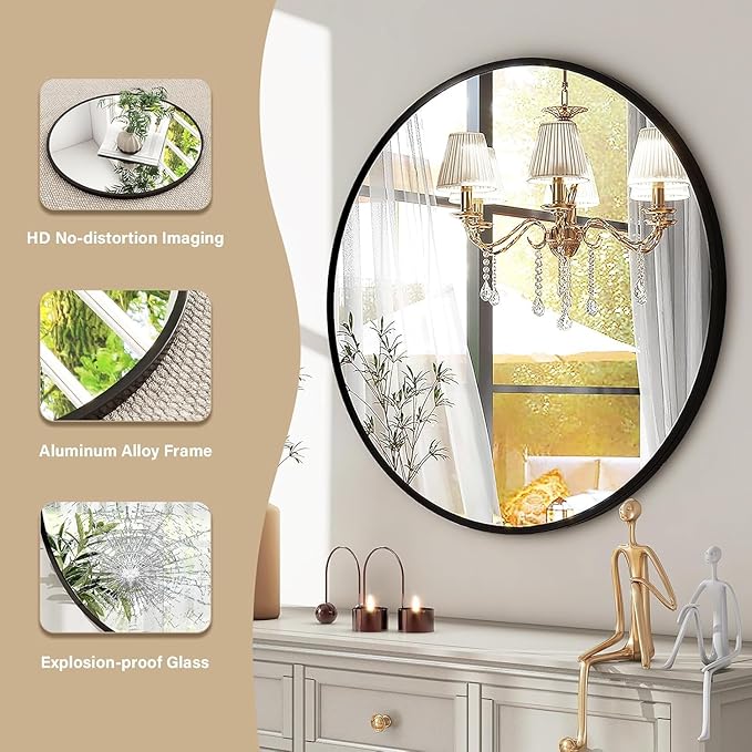 HARRITPURE Round Mirror 36 Black Wall Mounted Circle Mirrors Vanity Mirror with Brushed Aluminum Alloy Frame Modern Decoration for Bathroom, Living Room, Vanity, Bedroom, Entryway