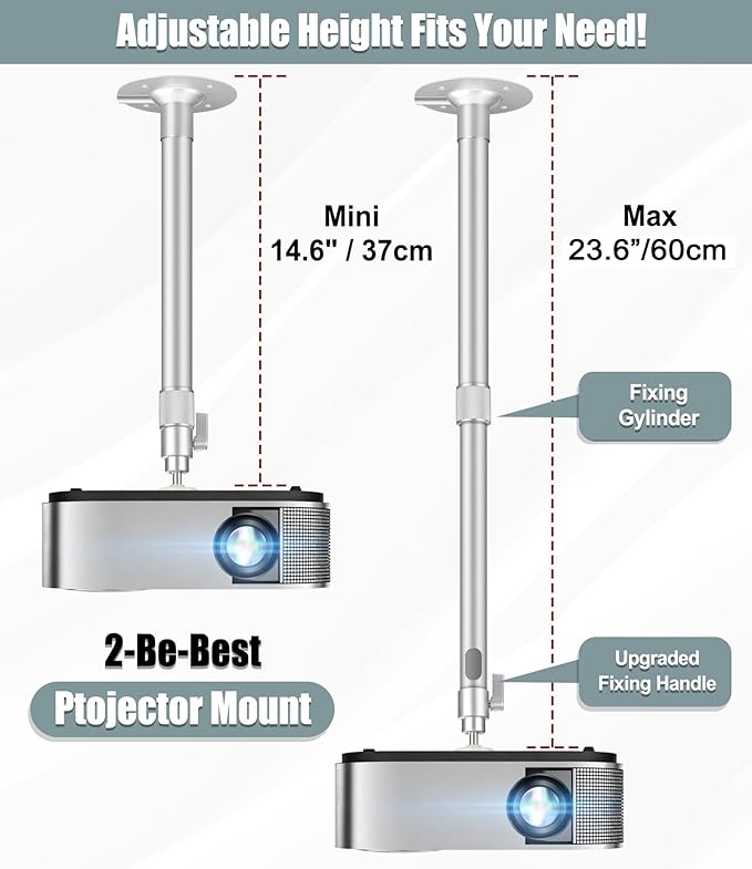 2-Be-Best Upgraded Projector Mount,14-23in / 37-60cm Projector Ceiling Mount Extendable Ceiling Projectors Mounts Adjustable Angle 360° Rotation Drop Ceiling Projectors Mounts Silver