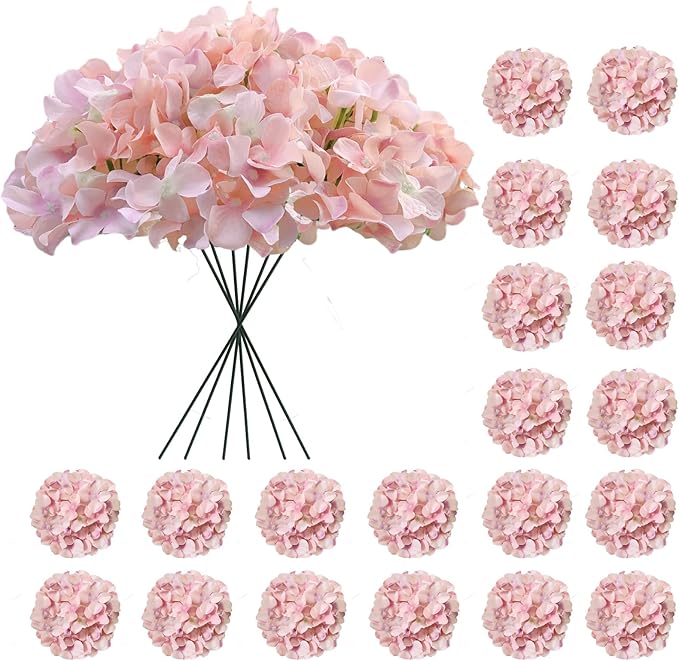 20 Pcs Pink Hydrangea Artificial Flowers Bulk, Faux Hydrangea Flowers Heads, Artificial Fake Silk Hydrangea Flowers with Stems, Pink Flowers Artificial for Decoration Wedding Décor
