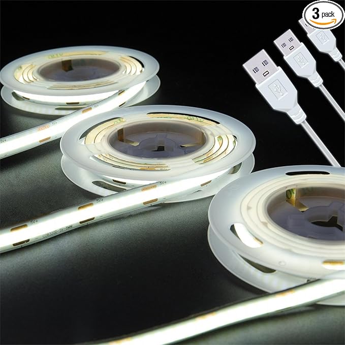 LED Strip Lights USB Short Light Strips, 6500K Bright White Not Dimmable 5V COB Small LED Strip for Indoor Bedroom Kitchen DIY Home Decor Display Cabinet 5V LED TV Lighting (3 Pack 3.28FT)