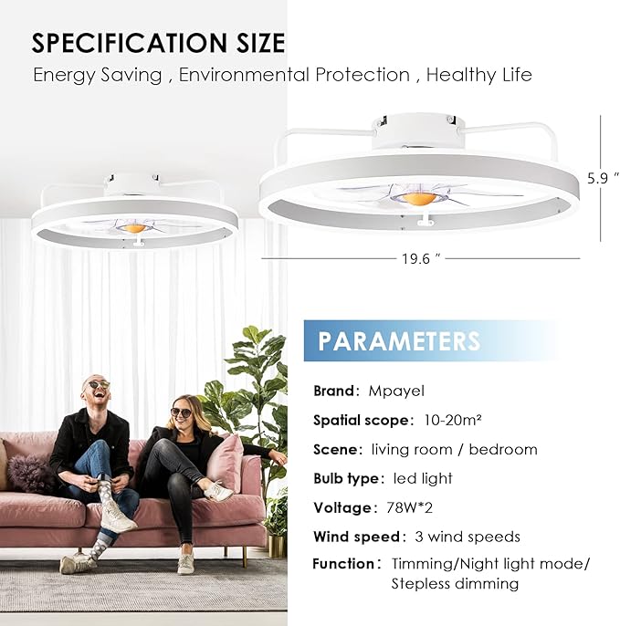 Ceiling Fans with Led Lights and Remote for Bedroom- Low Profile Flush Mount- 20” Modern Bladeless Enclosed Small Ceiling Fans with Stepless Dimming