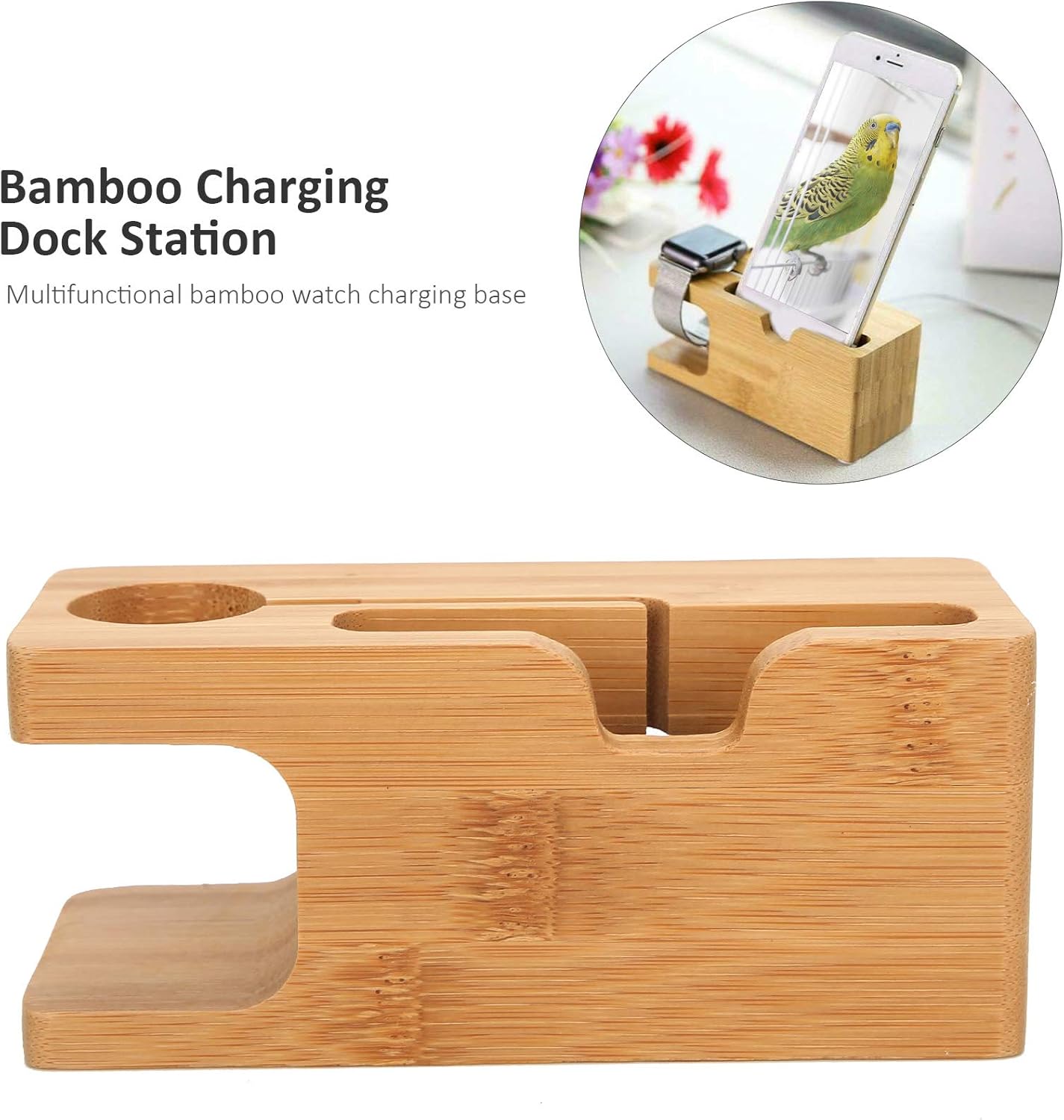 Pssopp Bamboo Charging Station - Wooden Desktop Docking Station Organizer for Cellphone, Smart Watch, Tablet Charging