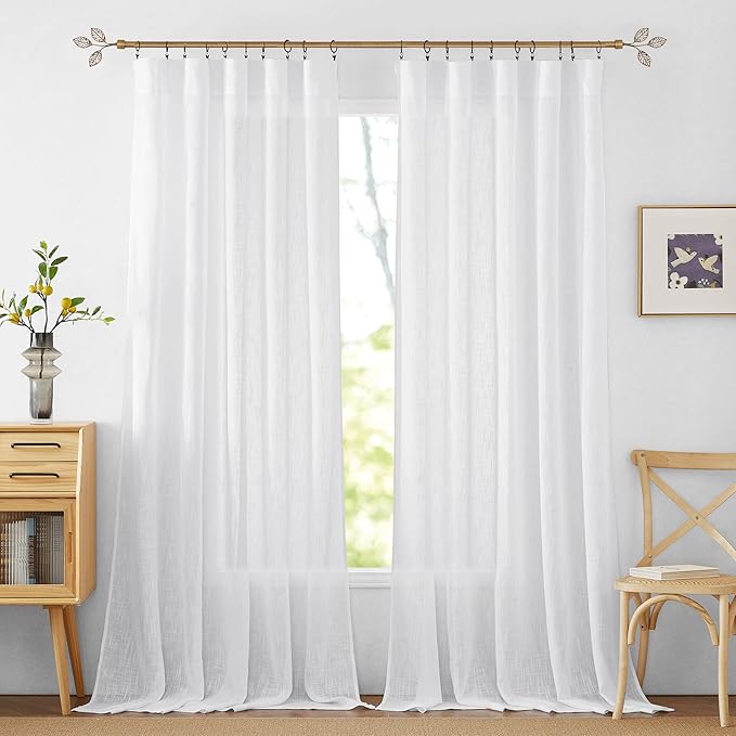 RYB HOME Extra Long Sheer Curtains Semi Transparent Drapes Boho Window Decor for Living Room Bedroom Front Door High Ceiling Window, White, W 70 x L 108, 1 Pair