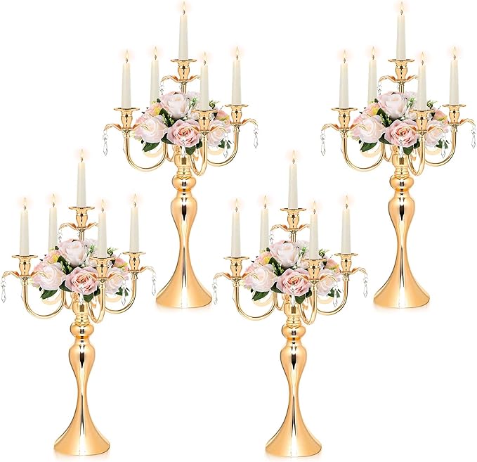 20.3'' Tall 5 Arm Candelabra Centerpiece for Table, Metal Elegant Candle Holder, Retro Candlestick Table Centerpieces for Party, Events, Home, Wedding Decor (4, Gold)