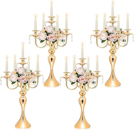 20.3'' Tall 5 Arm Candelabra Centerpiece for Table, Metal Elegant Candle Holder, Retro Candlestick Table Centerpieces for Party, Events, Home, Wedding Decor (4, Gold)