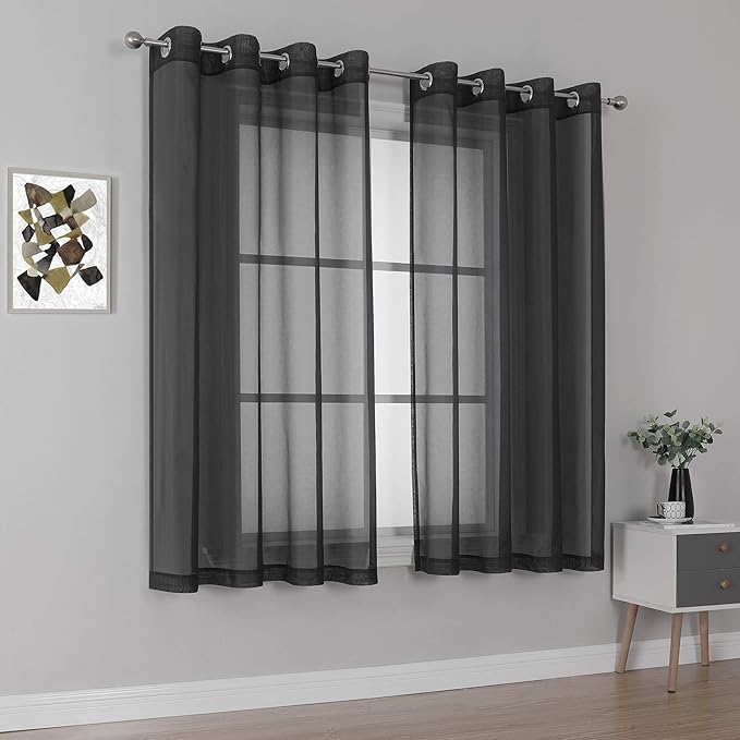 KEQIAOSUOCAI 63 inches Long Living Room Sheer Curtains - Eyelet Top Voile Sheer Draperies Privacy for Villa, W 54 by L 63 inch Length, 2 Panels,Jet Black