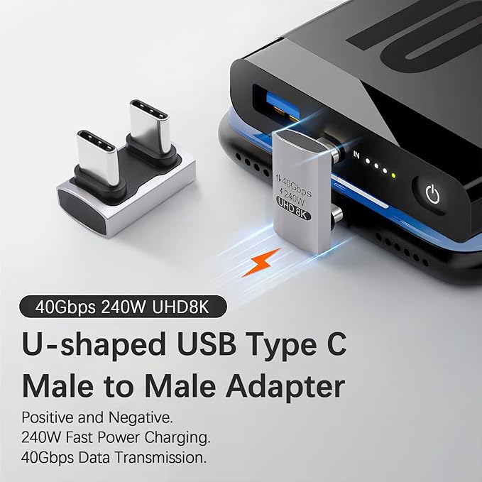 Duttek 240W USB C 180 Degree Adapter (40Gbps Data, 8K@60Hz Video) U Shape Type C Male to Male Adapter, USB C Angle for Thunderbolt 4/3, Switch, Laptop, Tablet, iPhone 16 15 2Pack