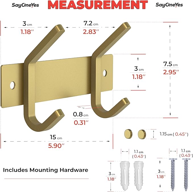 Brushed Gold Small Coat Rack Wall Mount – 6 Inch Stainless Steel Rail with 2 Double Coat Hooks for Entryway, Bathroom, Bedroom, Kitchen – Modern Gold Hook Rack for Coats, Hats, Towels