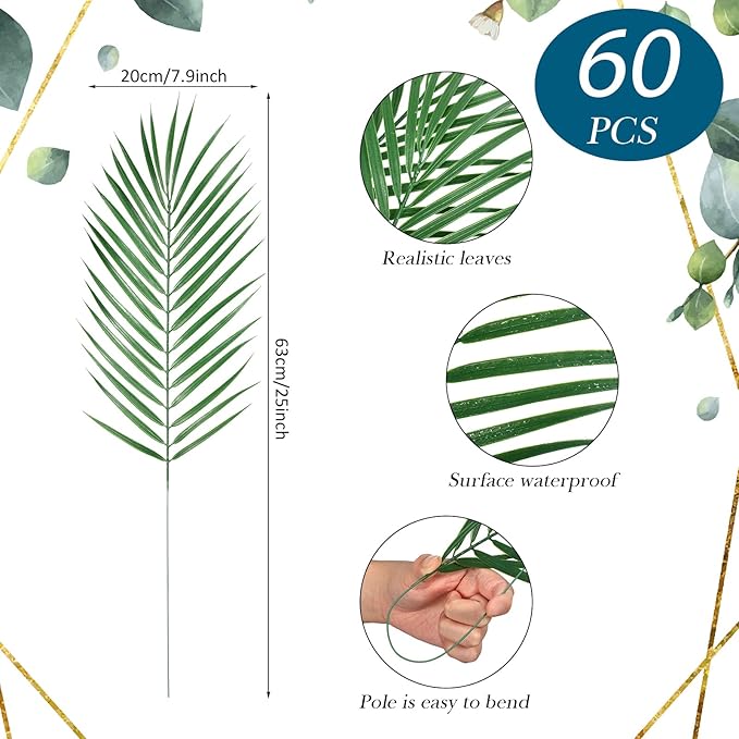 Yunsailing 60 Pieces 25" Artificial Palm Leaves Faux Tropical Palm Fronds Large Fake Greenery Plants Leaf Branches for Wedding, Palm Sunday, Flower Arrangement, Hawaiian Jungle Safari Party