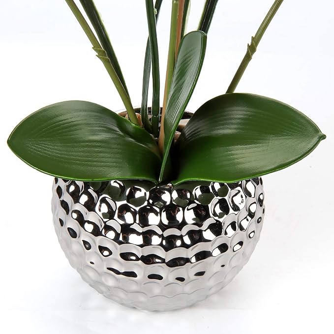 Oairse Artificial White Phalaenopsis Orchid Flower Arrangements 20.8" Faux Orchid Flower in Silver Pot Orchid Centerpiece for Dining Room Table