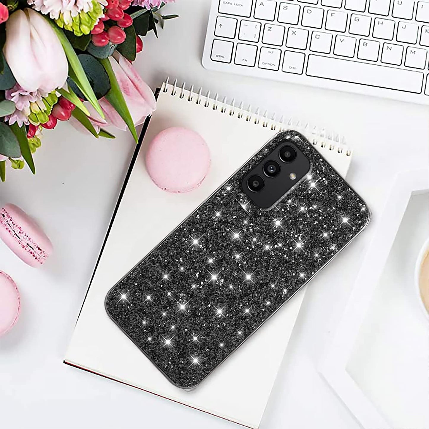 Samsung A15 Case, Glitter Shockproof Cover, Bling Sparkly TPU and PC Silicone Thin Protective for Women Girls, Black