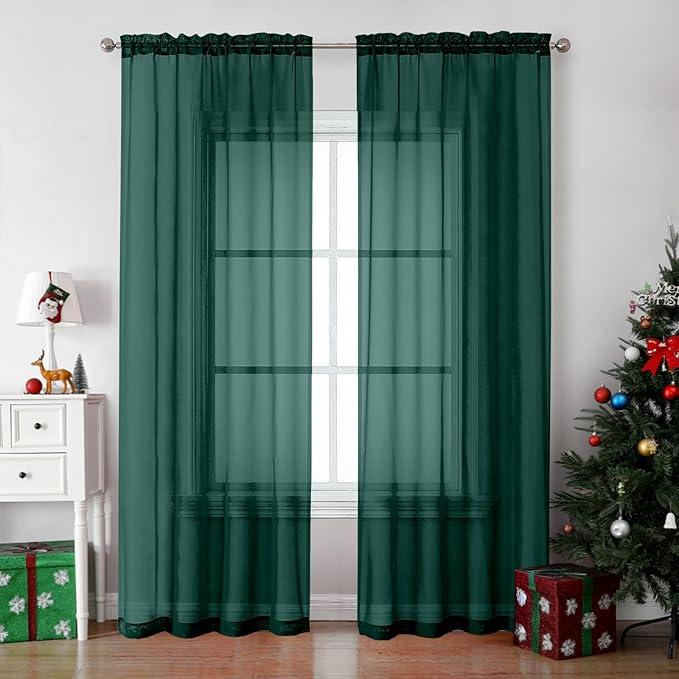 OVZME Hunter Green Sheer Curtains 84 Inches Long 2 Panels - Soft Light Filtering Window Sheer Panels for Living Room/Bedroom, Top Dual Rod Pocket, 1 Pair, Each 42Wx84L Inches