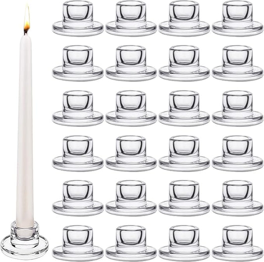 24 PCS Glass Taper Candle Holders Bulk Candlestick Holders Clear Short Tapered Candle Stick Holder Decor Set for Table Centerpiece Wedding Party Advent Christmas Home Decorations (24, Clear)