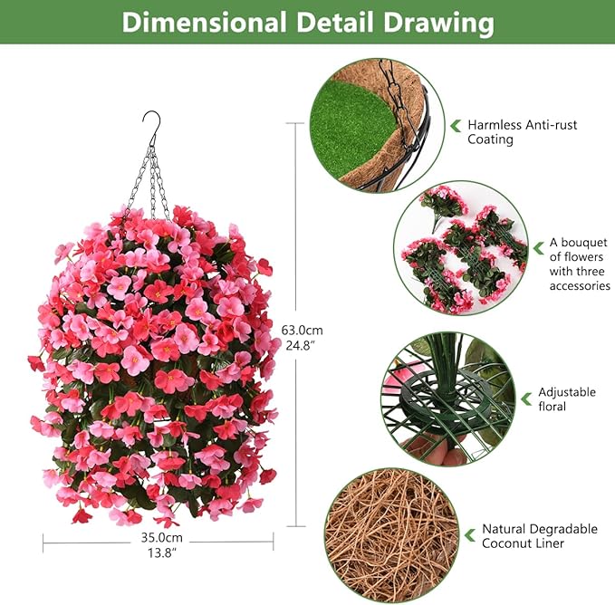 INQCMY Artificial Hanging Flowers Basket for Outdoors Spring Summer Decoration,Faux Silk Begonia in Planter Look Real UV Resistant for Outside Home Porch Patio Garden Balcony Yard Decor（Deep Pink）