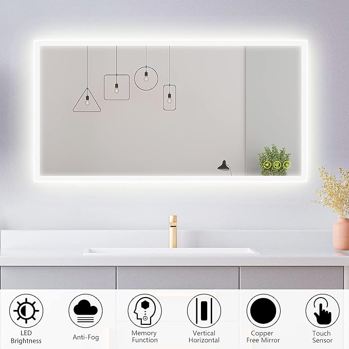 Wall-Mounted LED Square Bathroom Mirror, Makeup Mirror (40 inches x 24 inches,) 3 Color Dimming Bathroom Vanity Mirror with Lights Smart Mirror with Touch