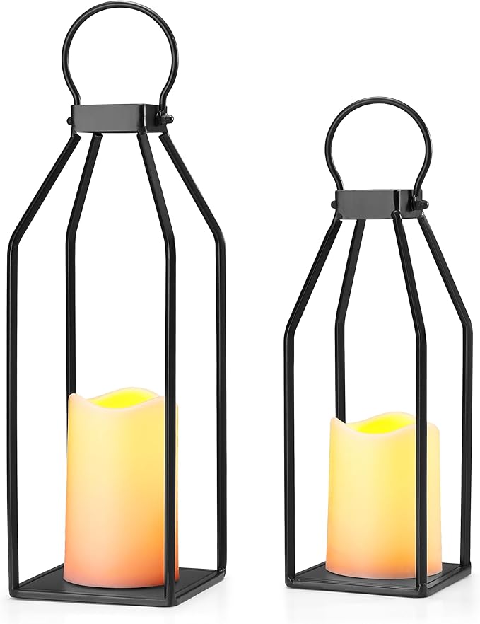 Perfnique Modern Farmhouse Lantern Decor, 15'' 13'' Set of 2 Black Metal Lantern, 2 LED 6hr Timer Flameless Candles ＆ Remote Timer, Lanterns Decorative for Outdoor, Home, Indoor, Patio, Christmas
