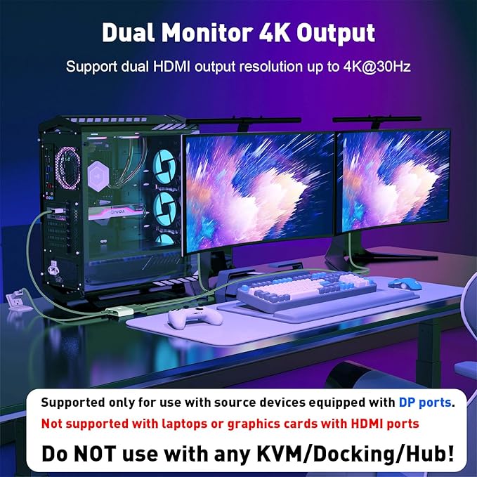 DisplayPort to HDMI and DisplayPort Adapter, 4K 60Hz DP Splitter Extended Display Adapter, Display Port Splitter 1 in 2 Out MST Hub for PC NVIDIA, AMD