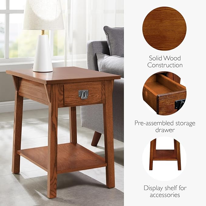 Leick Home Mission End Table, Solid Wood, 1 Storage Drawer, Bottom Display Shelf, Narrow, Easy-Assembly, For Living Room/Bedroom, Russet, 24 in L x 15 in W x 24 in H, 9059-RS