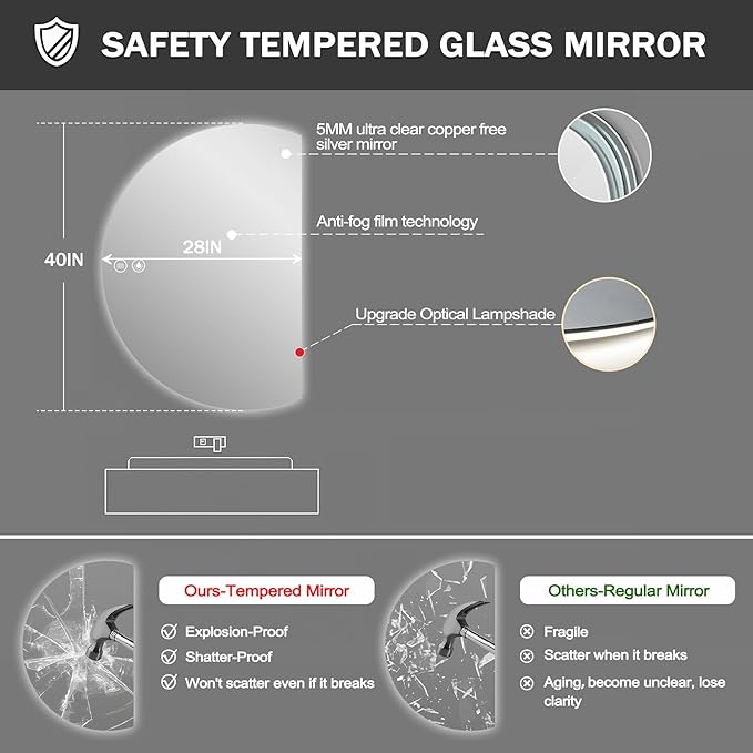 YUDACHU 40"×28" LED Mirror for Bathroom, Anti Fog Half Moon Mirrors for Wall-Irregular Modern Vanity Mirror-with Backlit, 3 Colors, Stepless Dimmable, Shatter-Proof