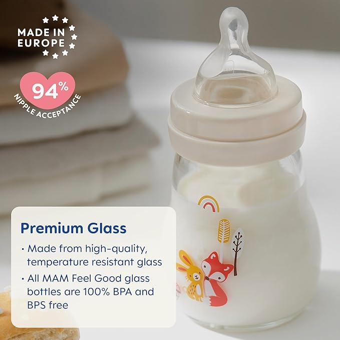 MAM Premium Glass Baby Bottles, Easy Switch Between Breast and Bottle, Feel Good Medium Flow, Newborn Essentials Must Have, 2+ Months, BPA Free, 9oz, Unisex, 1 Pack