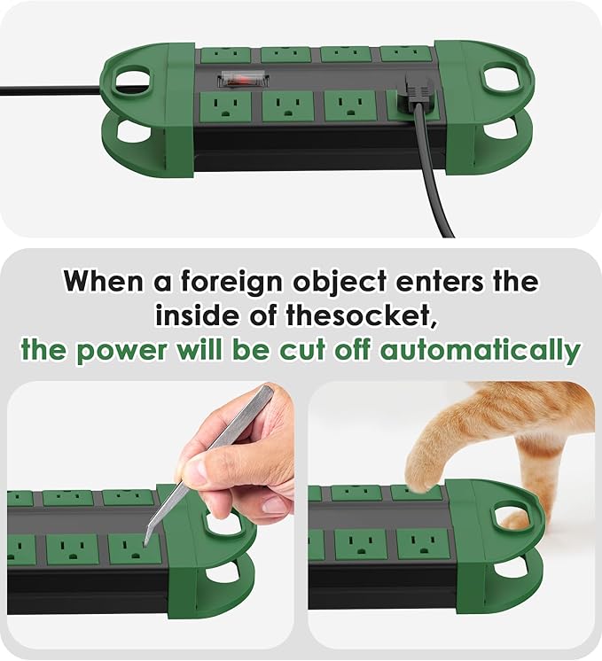 CCCEI Outdoor Power Strip Weatherproof with 8 Plug, Waterproof Extension Cord with Multiple Outlets, Christmas Exterior Garden Yard Surge Protector 25FT, Green.