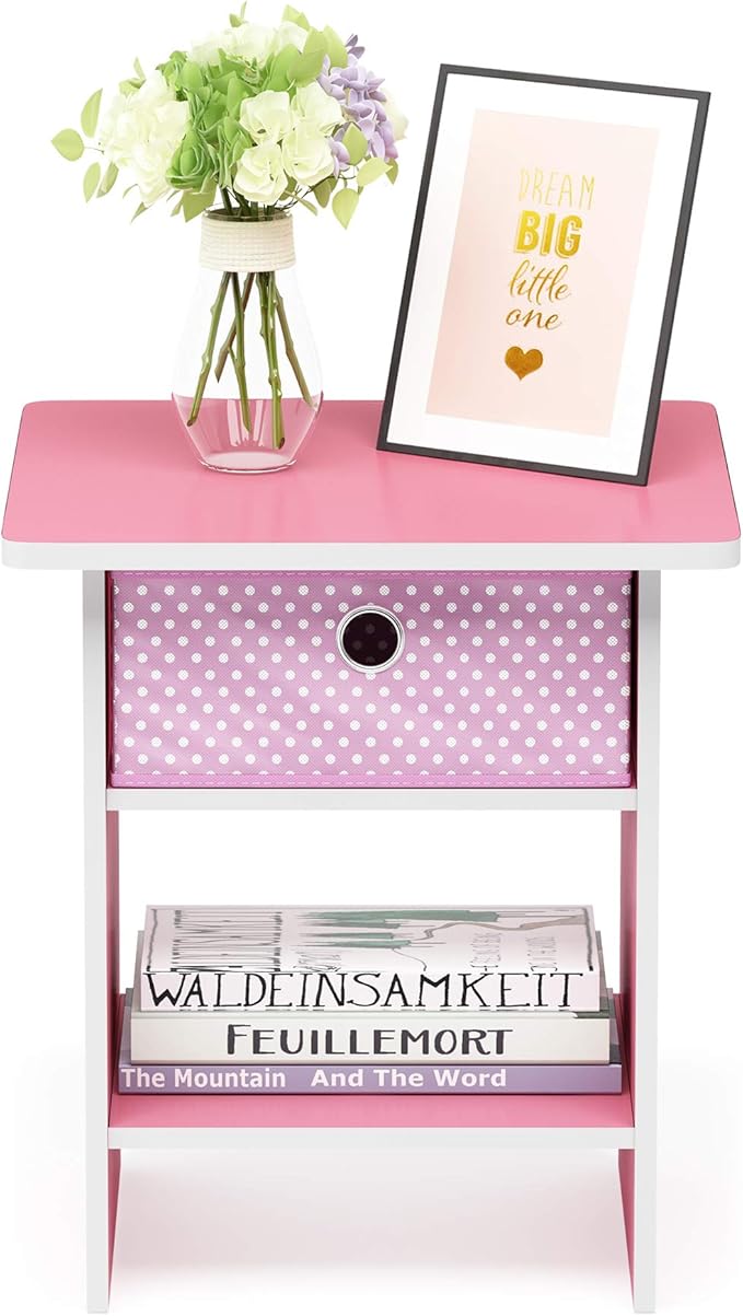 Furinno Dario End Table / Side Table / Night Stand / Bedside Table with Bin Drawer, 1-Pack, Pink/Light Pink