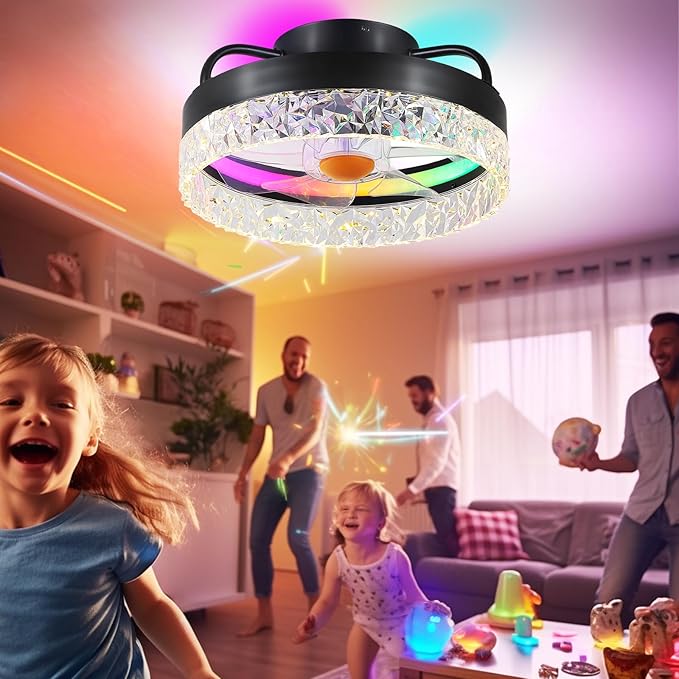 Flush Mount Ceiling Fan with Light - Small Low Profile Ceiling Fan,13" RGB Dimmable LED Bladeless Ceiling Fans, Modern Enclosed LED-RGB Ambient Light for Bedroom, Kids Room, Party