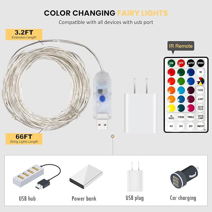 Fairy Lights USB Plug in 66ft 200LEDs with Remote, Warm White 17 Color Changing Light Twinkle Firefly String Lights for Bedroom Party Wedding Christmas Tapestry, Multicolor Colors (USB&Plug)