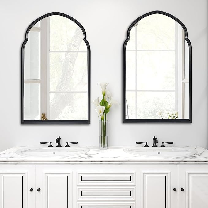ironsmithn Arched Wall Mirror, Black Bathroom Mirror, 38" x 22" Wall Mounted Decorative Mirror, Modern Art Oblong Mirror for Master Bath Half Bath Living Room Bedroom Fireplace Entryway