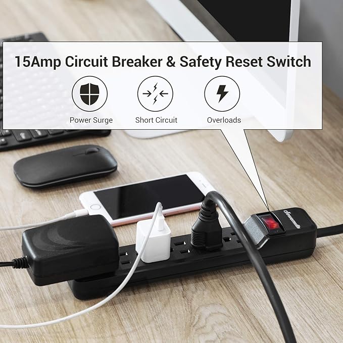 DEWENWILS 2-Pack Power Strip Surge Protector,25 Ft Extra Long Extension Cord, Low Profile Flat Plug,15 Amp Circuit Breaker, 500 Joules, Wall Mount, Black, UL Listed