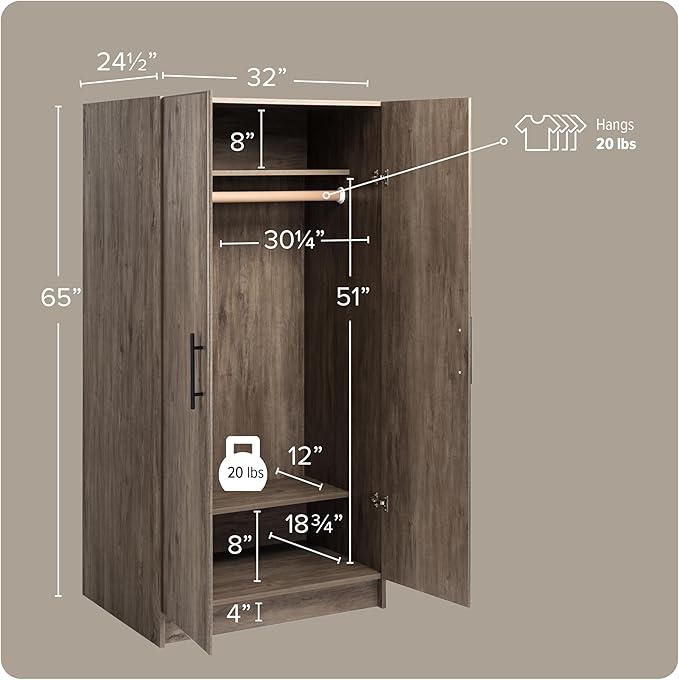 Prepac Elite 32" Storage Cabinet, Gray Storage Cabinet with Hanging Rail and Shelves for Living room, Kitchen ang Laundry Room 24.5" D x 32" W x 65" H