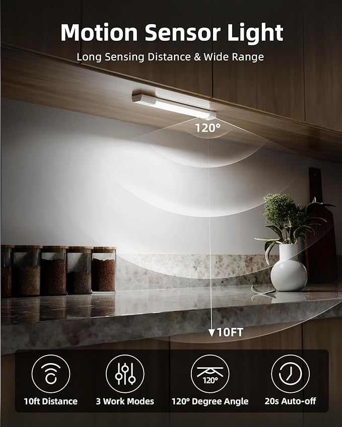 EZVALO Under Cabinet Lighting, Wireless Closet Lights, 50 LED Rechargeable Motion Sensor Light, Dimmable, 3 Color Temperatures, 11.8 inch Counter lights for Kitchen, Pantry, Bedroom, Wardrobe (3 Pack)