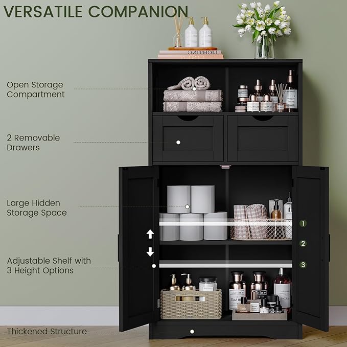Iwell Storage Cabinet with Doors & Shelves, Kitchen Pantry Cabinet, Bathroom Cabinets for Living Room, Kitchen, Laundry, Black