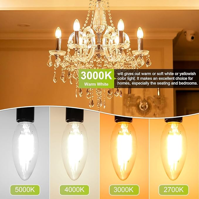 GOLSPARK E12 LED Bulb Dimmable, Candelabra LED Bulb 40W Equivalent, 3000K Warm White, B11 B10 Type B LED Light Bulbs 4W, 400LM, CRI 85+, Clear Filament Candle Light Bulbs Small Base, 6 Pack