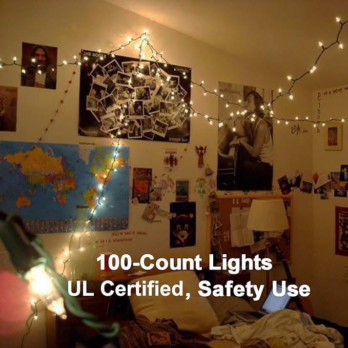 ODEETRONIC Christmas Lights, 21.63ft 100 Count Incandescent Clear Christmas Lights, UL Certified Outdoor Mini Clear Light Connectable, Green Wire Tree Light Indoor for Home Party Decor, Warm White
