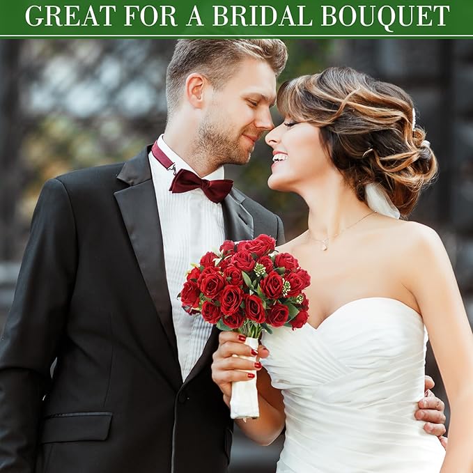 Zeyune 16 Bunches 12 Inch Artificial Mini Rose Bouquet 160 Heads Bridal Flower Bouquets Fake Silk Rose Bulk for Wedding Bridal Shower Christmas Home Office Garden Decoration(Red)