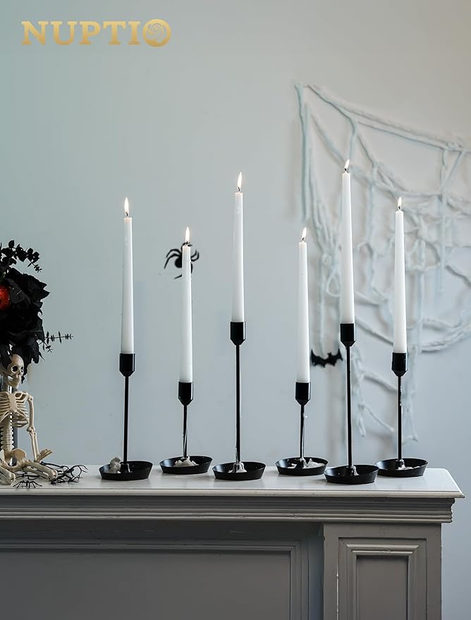 NUPTIO Black Candlestick Holders for Table: 6 Pcs Taper Candles Holders Bulk for Halloween - Tall Candle Stick Holder for Birthday Party Living Room Fireplace Centerpiece